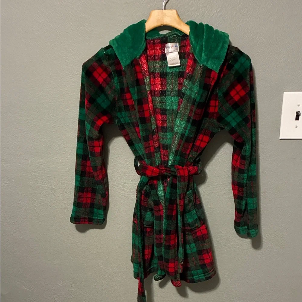 Dream Life Boys Plaid Red and Green Hooded Robe Size 14